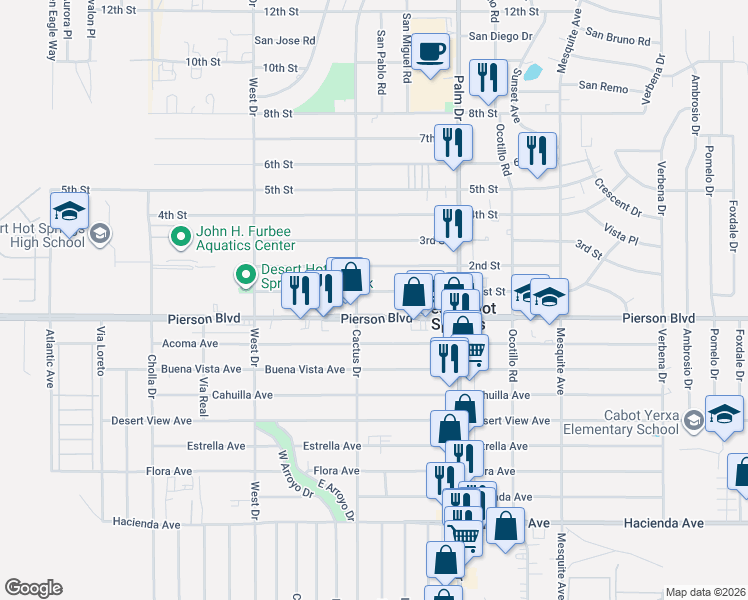 map of restaurants, bars, coffee shops, grocery stores, and more near in Desert Hot Springs