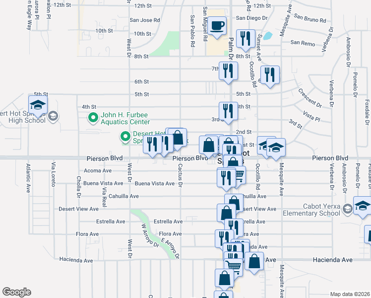 map of restaurants, bars, coffee shops, grocery stores, and more near in Desert Hot Springs