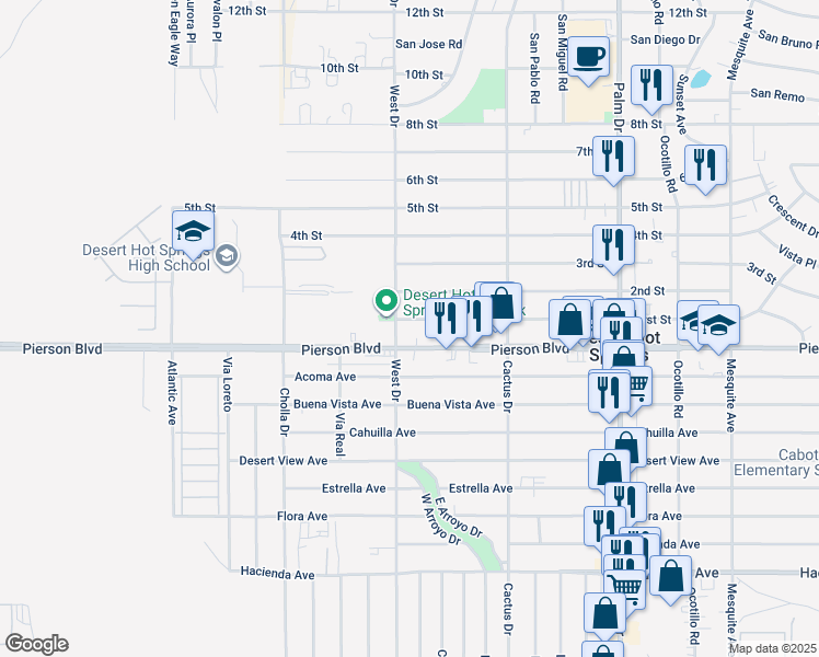 map of restaurants, bars, coffee shops, grocery stores, and more near 66040 Pierson Boulevard in Desert Hot Springs
