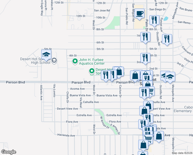 map of restaurants, bars, coffee shops, grocery stores, and more near 66040 Pierson Boulevard in Desert Hot Springs
