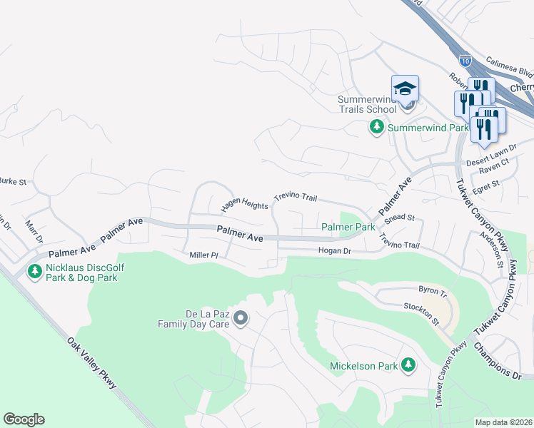 map of restaurants, bars, coffee shops, grocery stores, and more near 11271 Harmon Heights in Beaumont