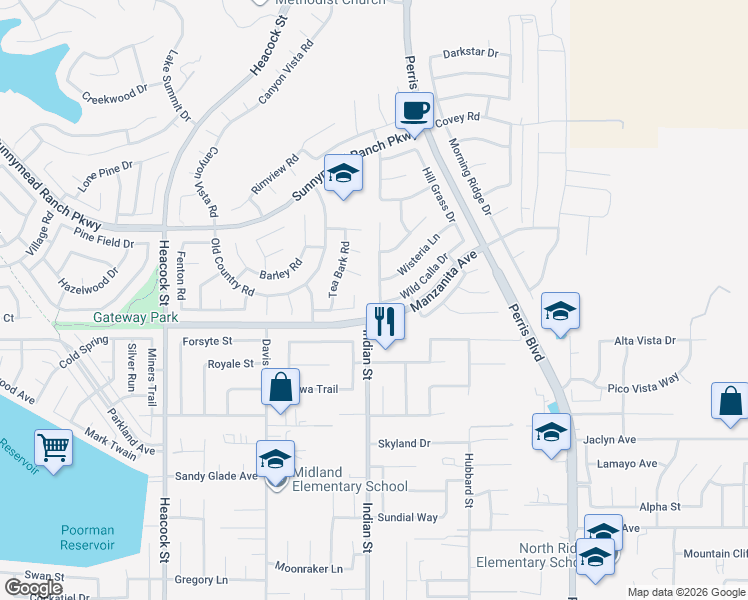 map of restaurants, bars, coffee shops, grocery stores, and more near 24465 Robinwood Drive in Moreno Valley