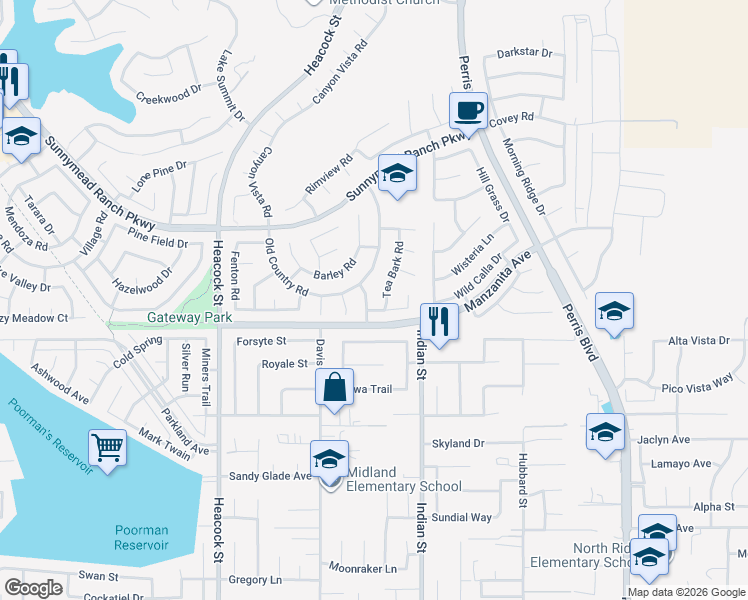map of restaurants, bars, coffee shops, grocery stores, and more near 24397 Robinwood Drive in Moreno Valley