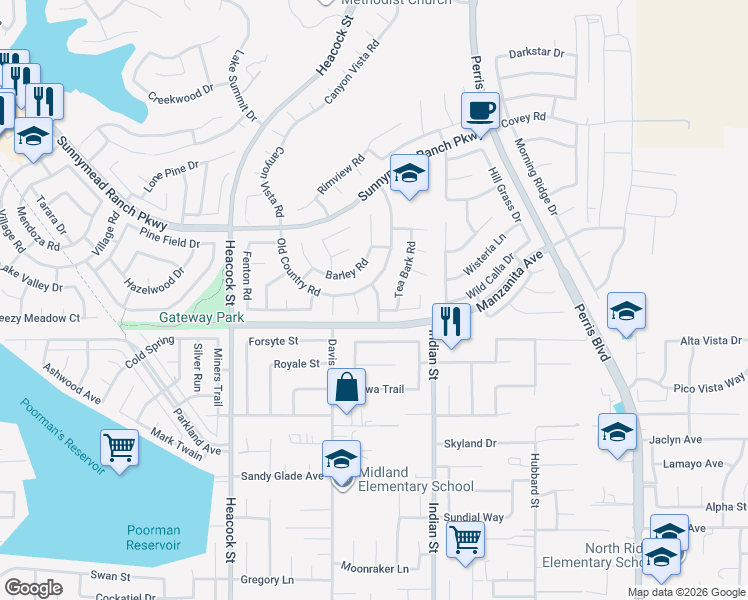 map of restaurants, bars, coffee shops, grocery stores, and more near 10996 Brener Circle in Moreno Valley
