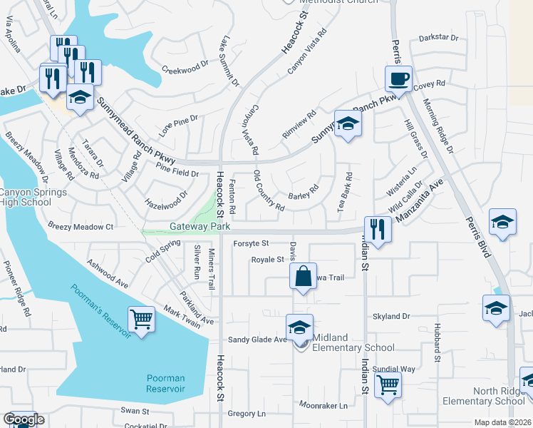 map of restaurants, bars, coffee shops, grocery stores, and more near 24125 Pleasant Run Road in Moreno Valley