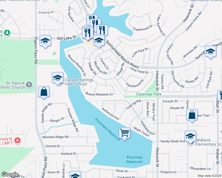 map of restaurants, bars, coffee shops, grocery stores, and more near 10973 Shady Glade Road in Moreno Valley