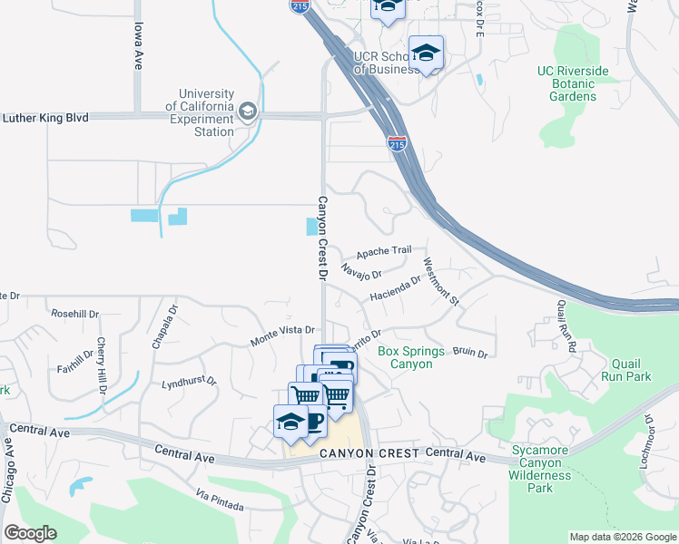 map of restaurants, bars, coffee shops, grocery stores, and more near 5050 Pearblossom Drive in Riverside