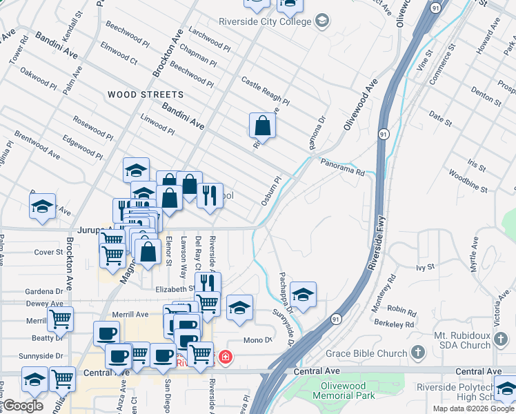 map of restaurants, bars, coffee shops, grocery stores, and more near 5677 Osburn Place in Riverside