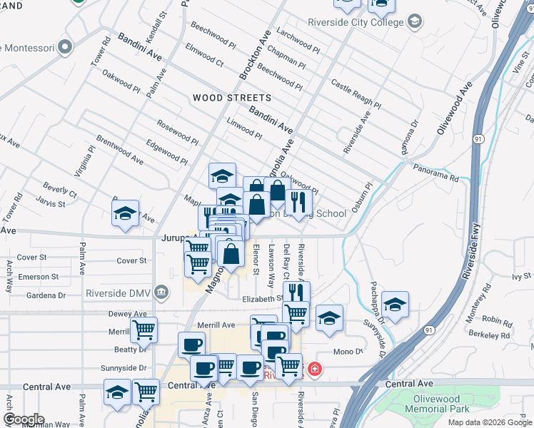 map of restaurants, bars, coffee shops, grocery stores, and more near 3739 Jurupa Avenue in Riverside