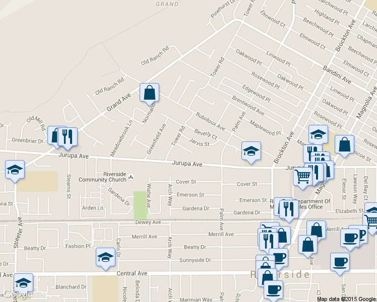 map of restaurants, bars, coffee shops, grocery stores, and more near 4603 Jurupa Avenue in Riverside