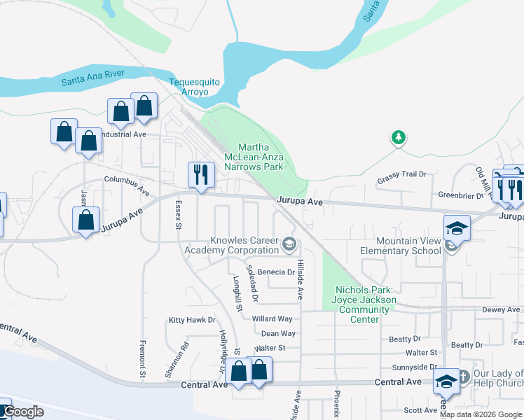 map of restaurants, bars, coffee shops, grocery stores, and more near 6057 William Street in Riverside