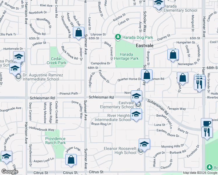 map of restaurants, bars, coffee shops, grocery stores, and more near 6968 Pantanerio Drive in Corona