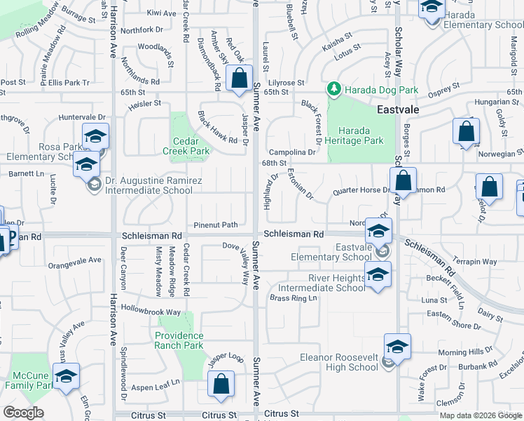 map of restaurants, bars, coffee shops, grocery stores, and more near 6980 Winterberry Way in Corona