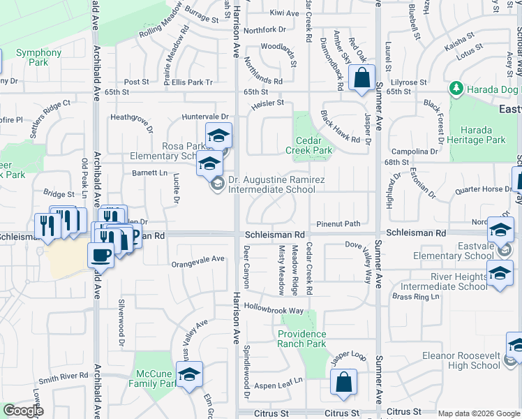 map of restaurants, bars, coffee shops, grocery stores, and more near 6976 Song Sparrow Road in Corona