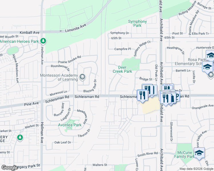 map of restaurants, bars, coffee shops, grocery stores, and more near 6985 Gypsum Creek Drive in Corona