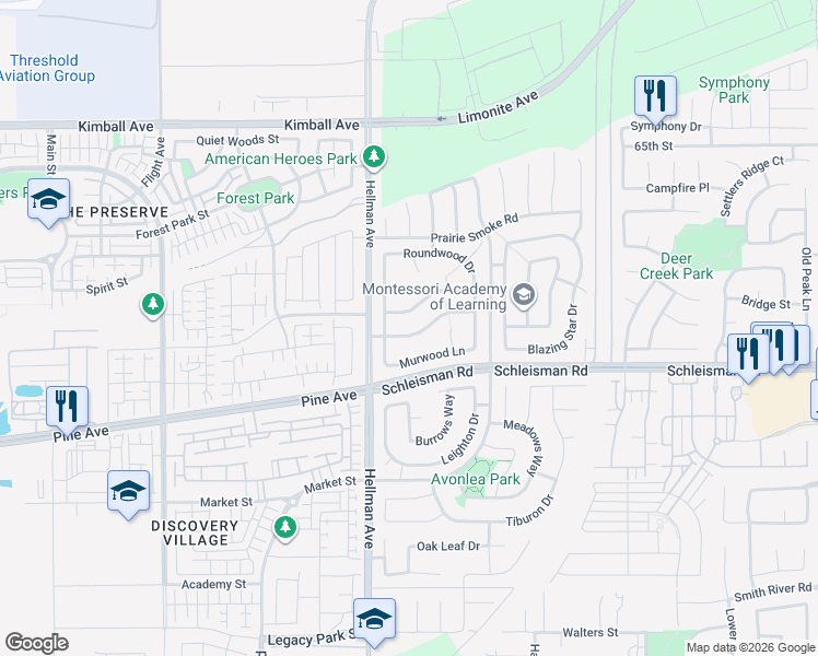 map of restaurants, bars, coffee shops, grocery stores, and more near 14929 Landerwood Drive in Eastvale