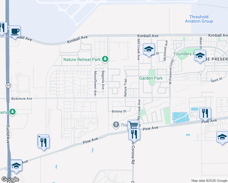 map of restaurants, bars, coffee shops, grocery stores, and more near 16081 Rincon Meadows Avenue in Chino