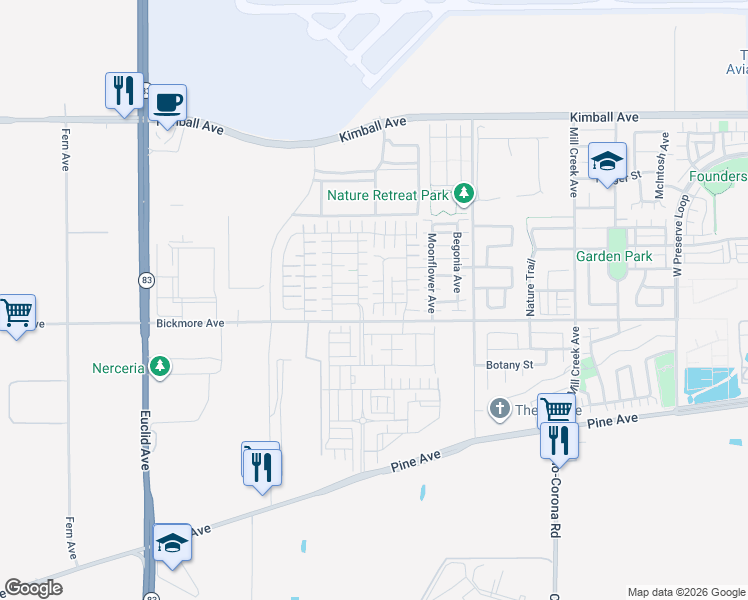 map of restaurants, bars, coffee shops, grocery stores, and more near 7569 Spitfire Street in Chino