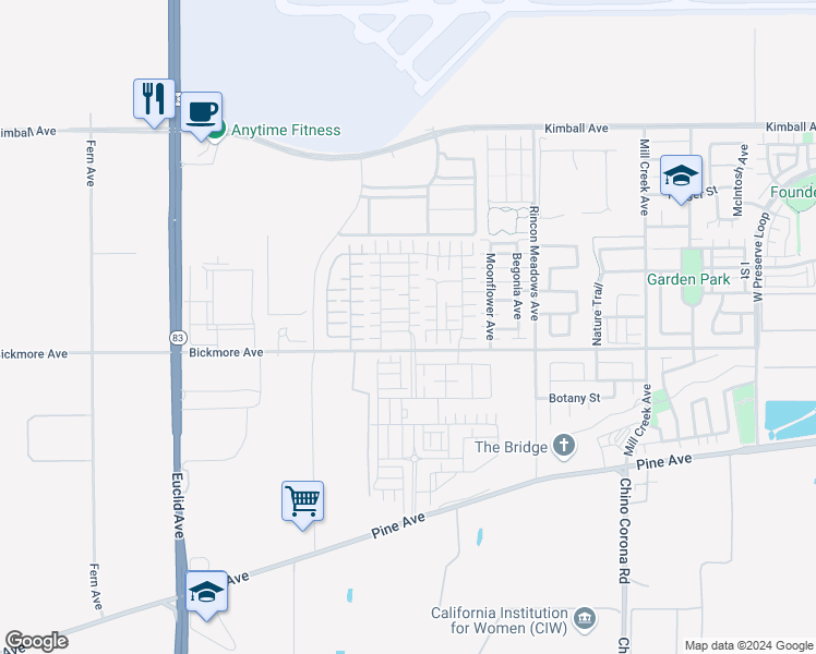 map of restaurants, bars, coffee shops, grocery stores, and more near 7477 Jersey Street in Chino
