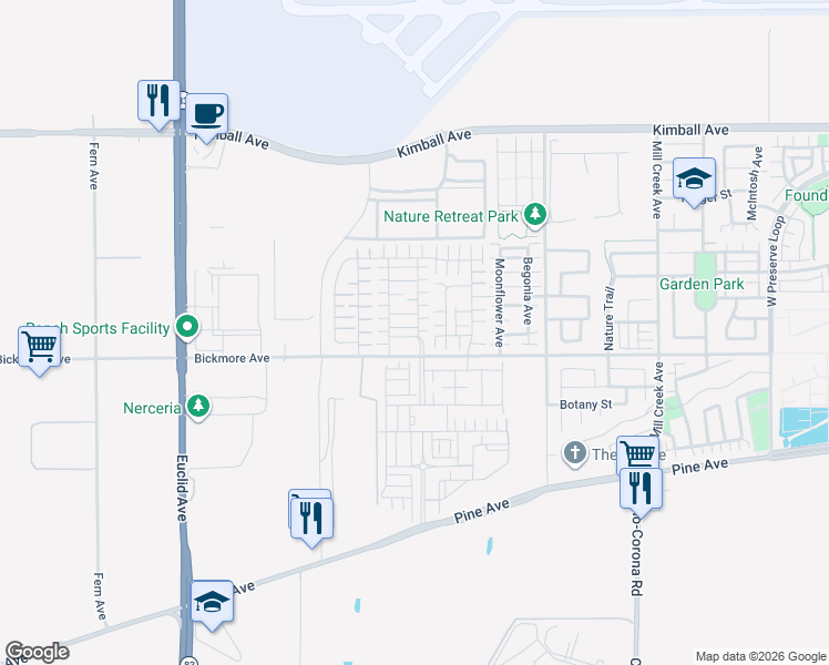 map of restaurants, bars, coffee shops, grocery stores, and more near 7477 Jersey Street in Chino