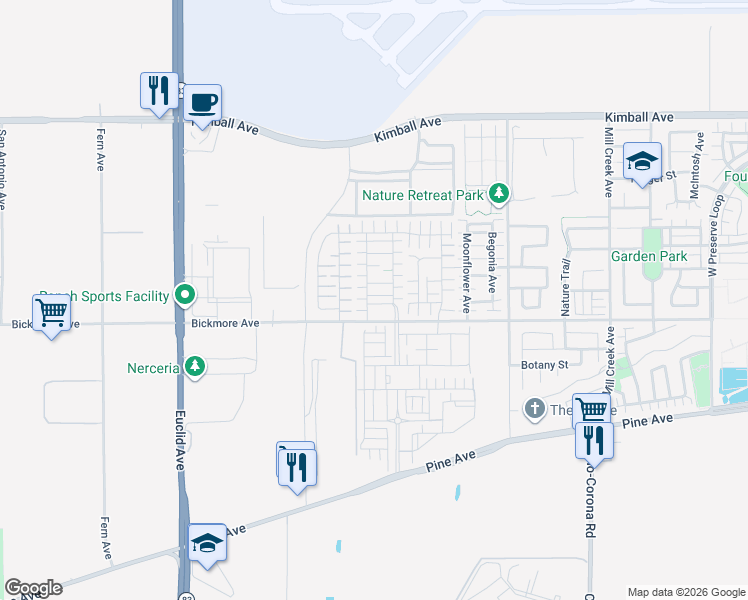 map of restaurants, bars, coffee shops, grocery stores, and more near 7477 Jersey Street in Chino