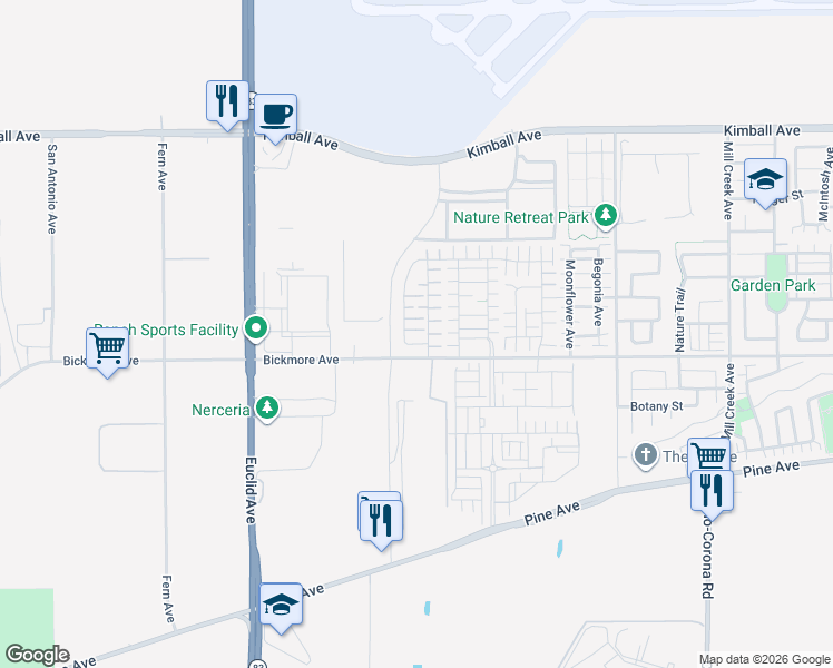 map of restaurants, bars, coffee shops, grocery stores, and more near 16062 Holstein Street in Chino