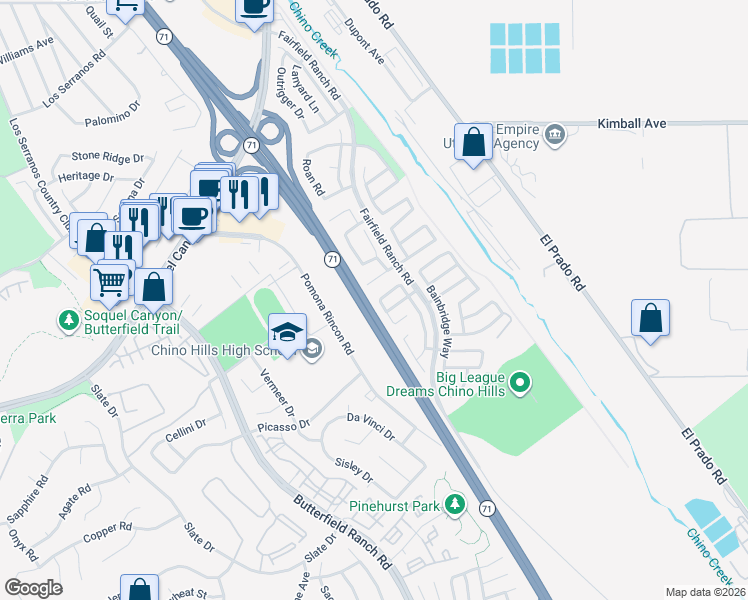 map of restaurants, bars, coffee shops, grocery stores, and more near 16044 Pembrook Way in Chino Hills