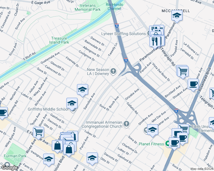 map of restaurants, bars, coffee shops, grocery stores, and more near 9224 Paramount Boulevard in Downey