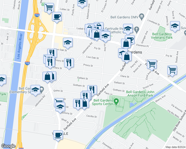 map of restaurants, bars, coffee shops, grocery stores, and more near 6109 Gallant Street in Bell Gardens