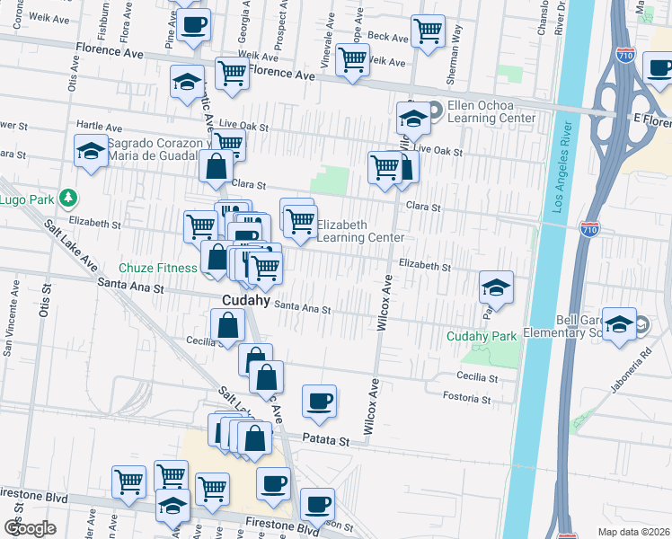 map of restaurants, bars, coffee shops, grocery stores, and more near 4831 Santa Ana Street in Cudahy