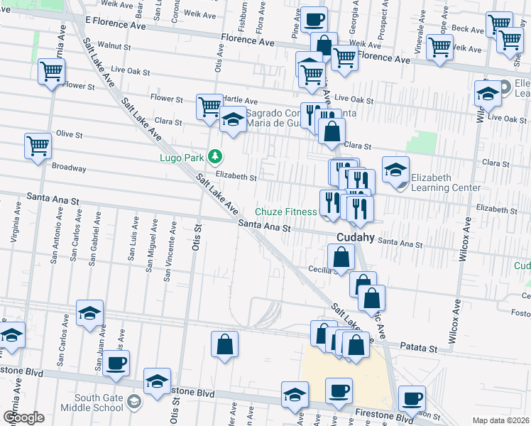 map of restaurants, bars, coffee shops, grocery stores, and more near 4399 Santa Ana Street in Cudahy