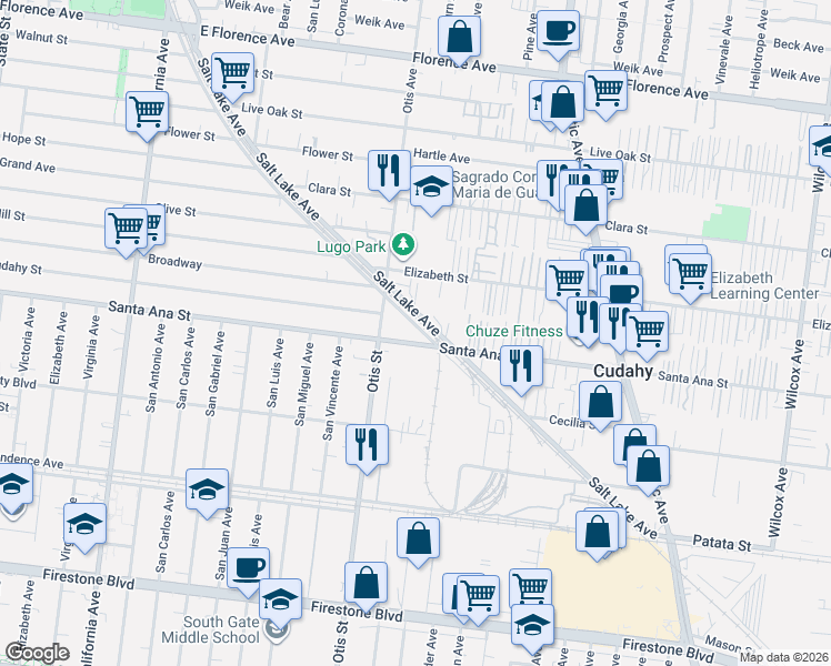 map of restaurants, bars, coffee shops, grocery stores, and more near 4224 Santa Ana Street in South Gate