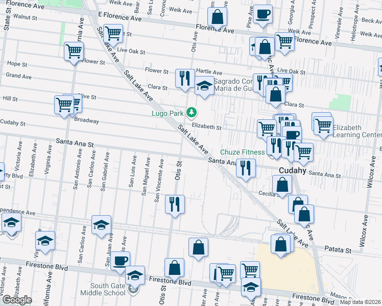 map of restaurants, bars, coffee shops, grocery stores, and more near 4224 Santa Ana Street in South Gate