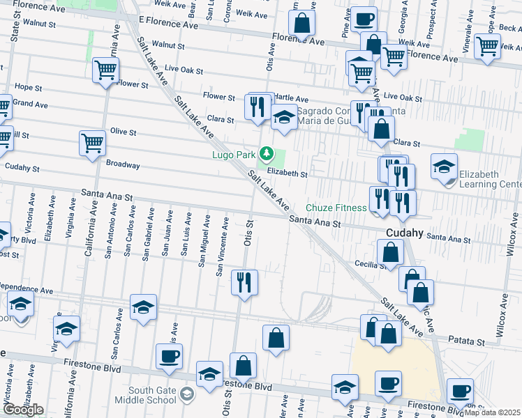 map of restaurants, bars, coffee shops, grocery stores, and more near 4224 Santa Ana Street in South Gate