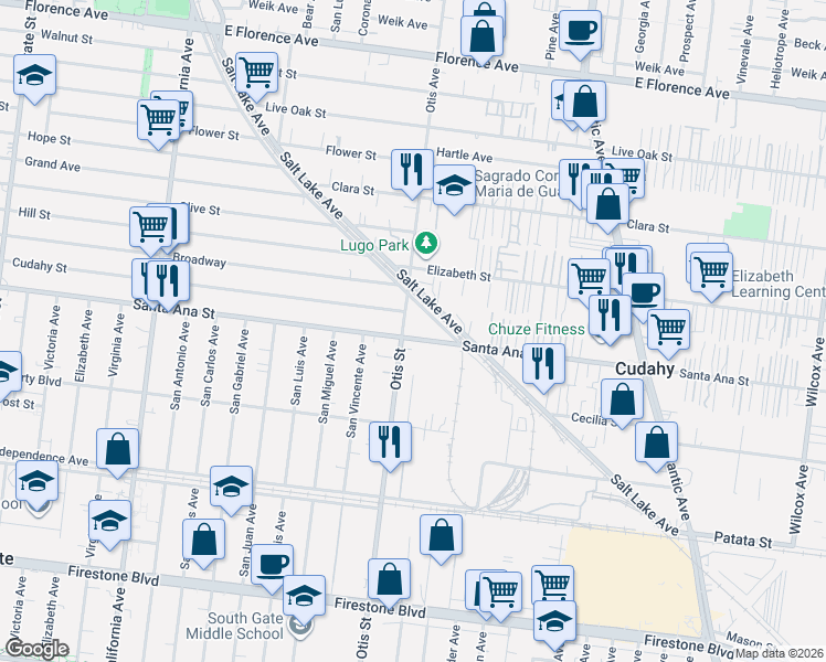 map of restaurants, bars, coffee shops, grocery stores, and more near in South Gate