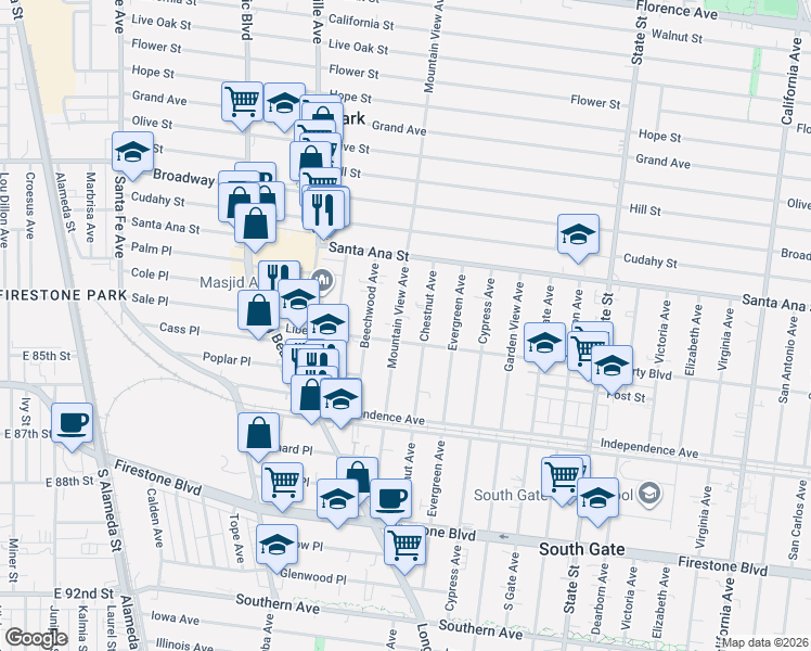 map of restaurants, bars, coffee shops, grocery stores, and more near 2826 Liberty Boulevard in South Gate