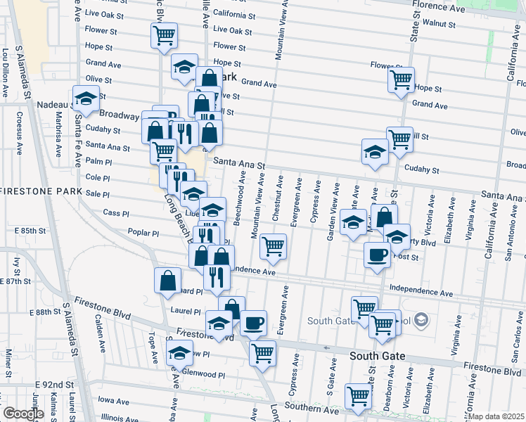 map of restaurants, bars, coffee shops, grocery stores, and more near 2826 Liberty Boulevard in South Gate