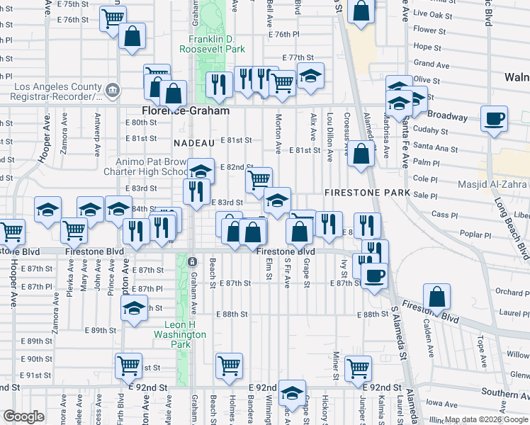 map of restaurants, bars, coffee shops, grocery stores, and more near in Florence-Graham