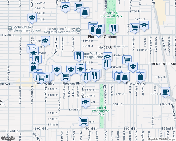 map of restaurants, bars, coffee shops, grocery stores, and more near 1537 1/2 East 85th Street in Los Angeles
