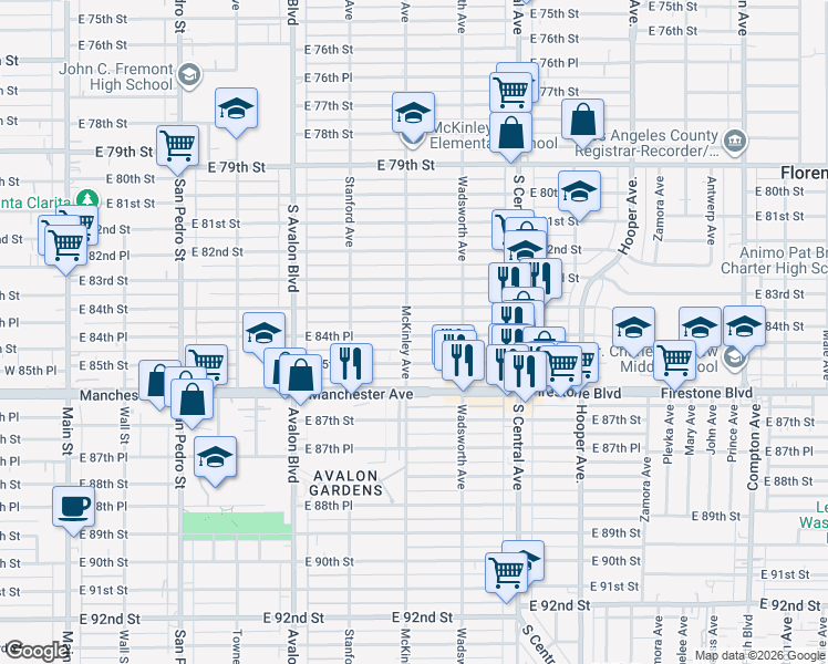 map of restaurants, bars, coffee shops, grocery stores, and more near 816 East 84th Place in Los Angeles