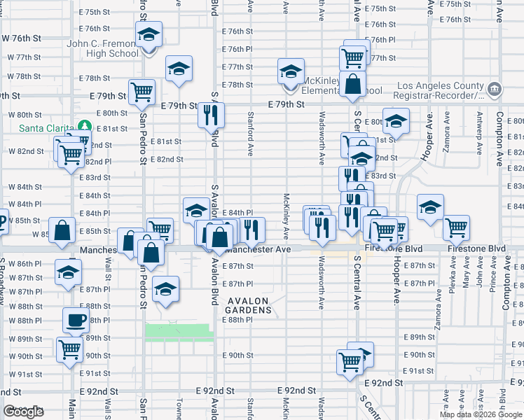 map of restaurants, bars, coffee shops, grocery stores, and more near 8463 Stanford Avenue in Los Angeles