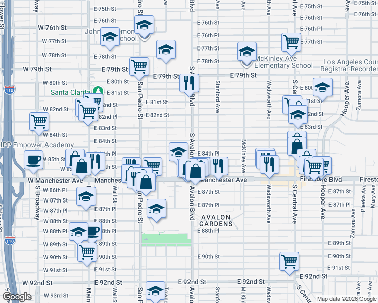 map of restaurants, bars, coffee shops, grocery stores, and more near 432 East 84th Place in Los Angeles