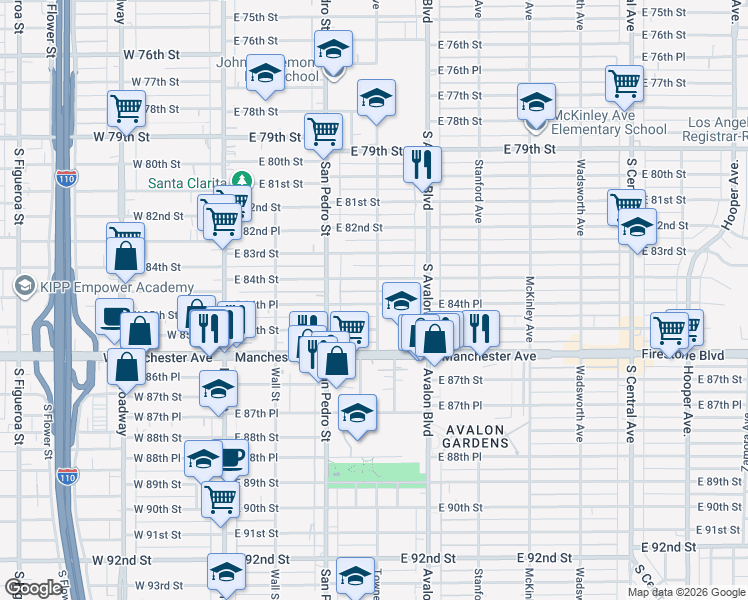 map of restaurants, bars, coffee shops, grocery stores, and more near 8463 Towne Avenue in Los Angeles