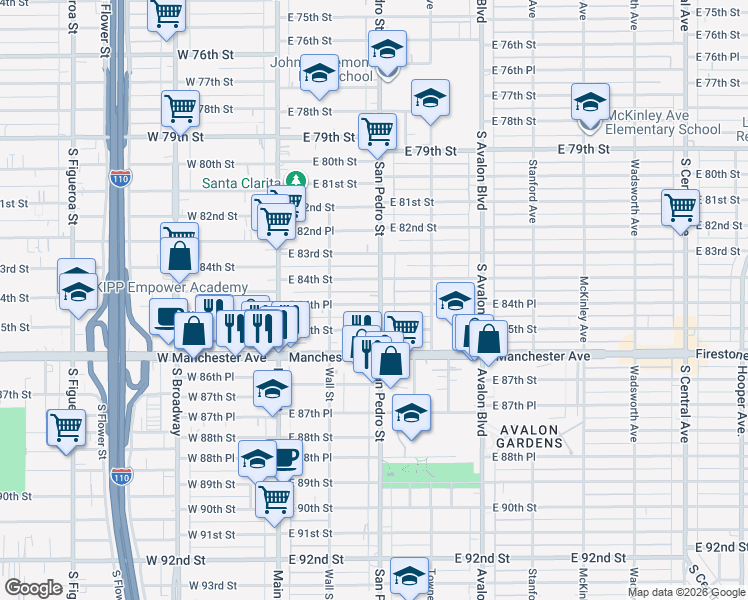 map of restaurants, bars, coffee shops, grocery stores, and more near 242 East 84th Place in Los Angeles