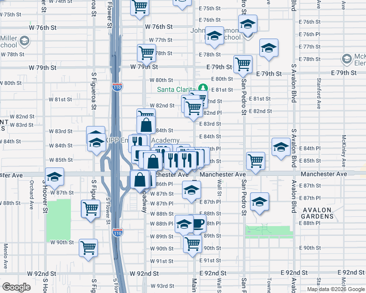 map of restaurants, bars, coffee shops, grocery stores, and more near 132 West 85th Street in Los Angeles