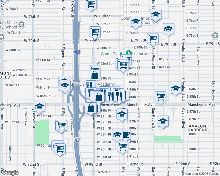 map of restaurants, bars, coffee shops, grocery stores, and more near 214 West 85th Street in Los Angeles