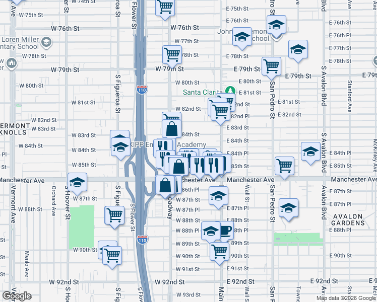 map of restaurants, bars, coffee shops, grocery stores, and more near 214 West 85th Street in Los Angeles