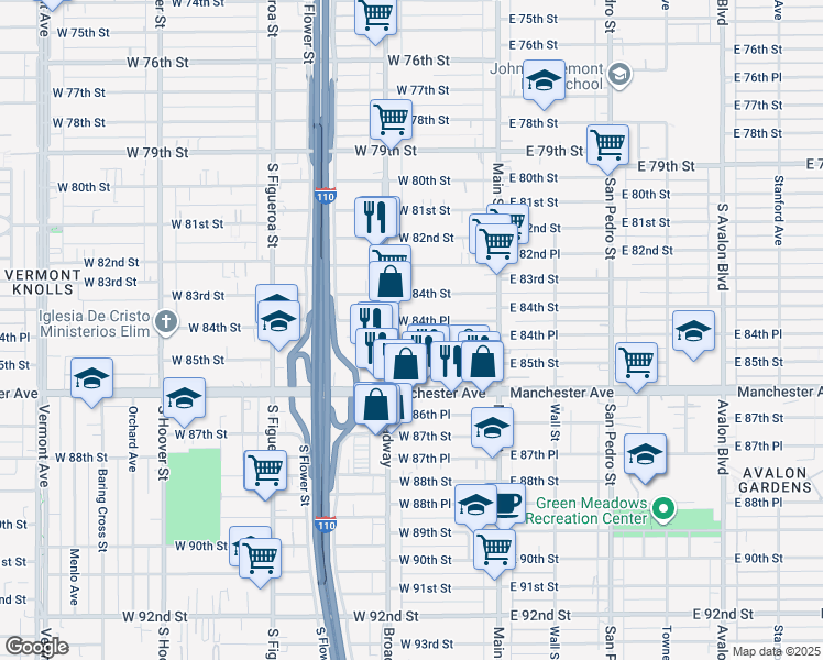 map of restaurants, bars, coffee shops, grocery stores, and more near 8500 South Broadway in Los Angeles