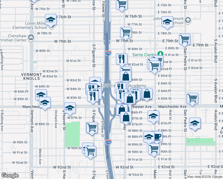 map of restaurants, bars, coffee shops, grocery stores, and more near 8503 South Olive Street in Los Angeles