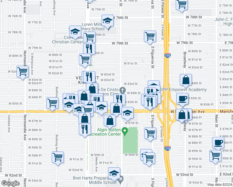 map of restaurants, bars, coffee shops, grocery stores, and more near 8418 South Hoover Street in Los Angeles